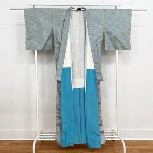 Vintage Blue ORI Woven Unisex Kimono, Long Authentic Japanese Silk Kimono